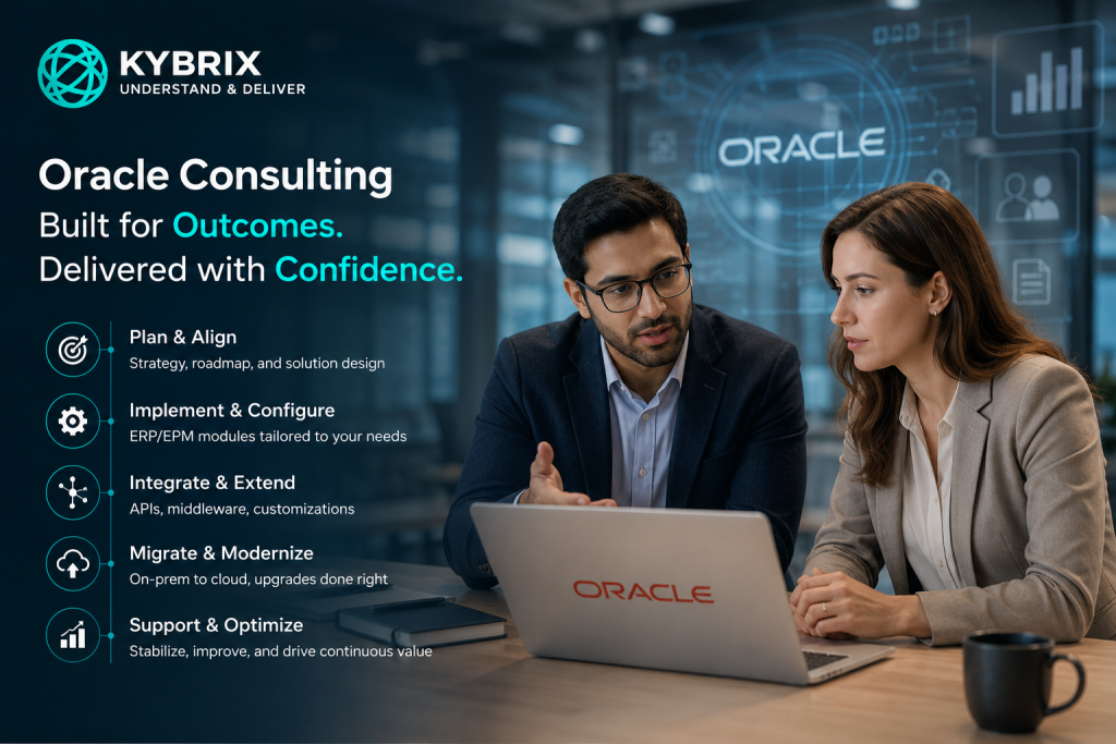 Kybrix Oracle Consulting team discussing Oracle ERP and Fusion Cloud implementation, integrations, upgrades, migrations, and managed support solutions in a modern enterprise office environment.
