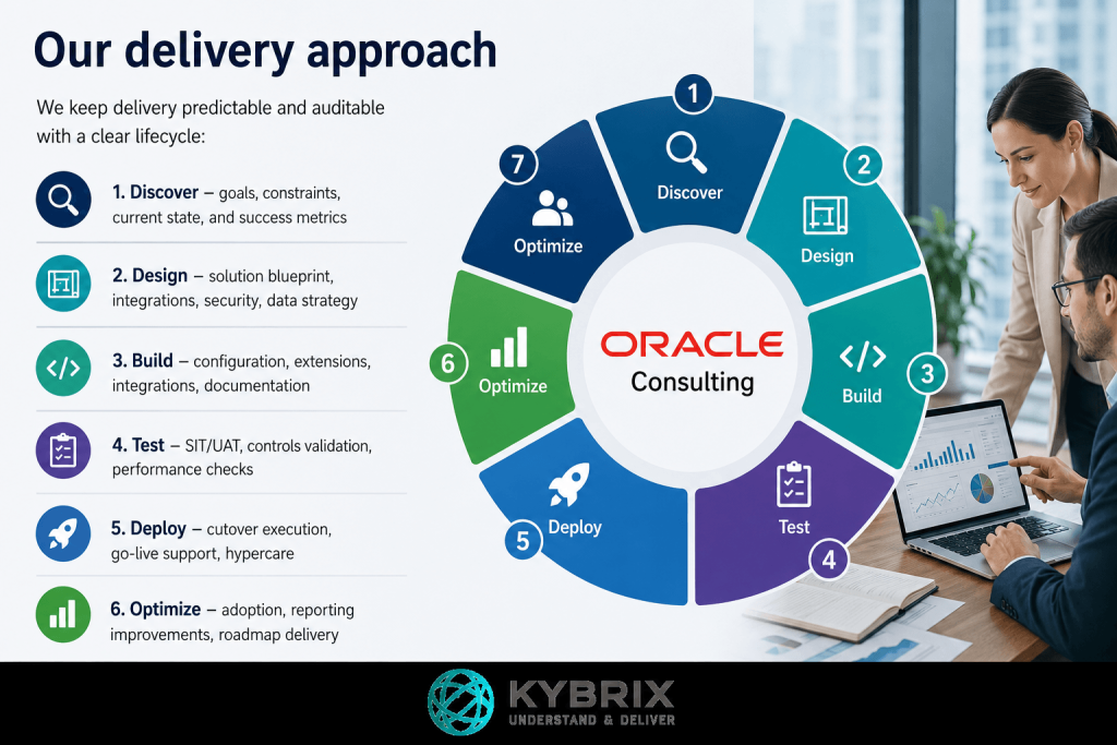 Kybrix Oracle consulting delivery lifecycle infographic showing Discover, Design, Build, Test, Deploy, and Optimize phases for Oracle ERP and cloud implementation services.