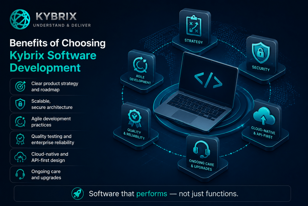 Kybrix software development services illustration showing scalable architecture, agile development, cloud-native engineering, API-first solutions, enterprise reliability, and ongoing software support.