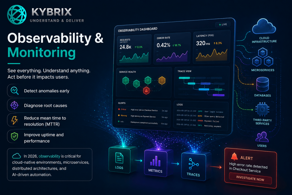 Kybrix observability and monitoring services illustration featuring real-time dashboards, logs, metrics, traces, cloud infrastructure monitoring, microservices visibility, and proactive incident detection.