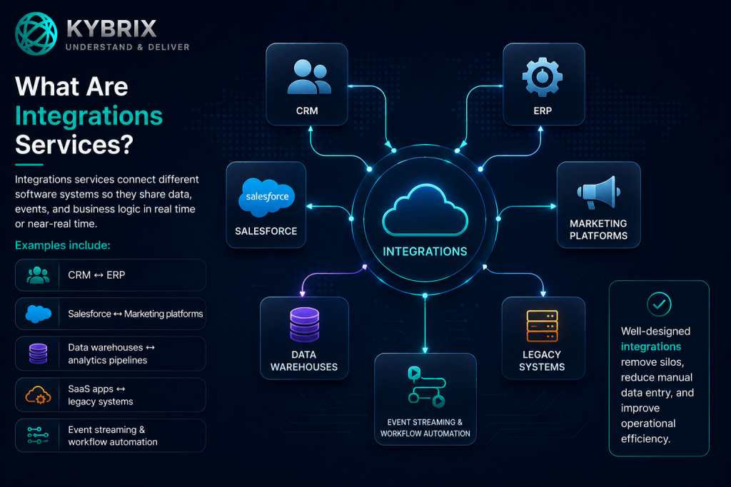Kybrix integrations services illustration showing connected enterprise systems including CRM, ERP, Salesforce, analytics pipelines, SaaS applications, and workflow automation with real-time data flow visualization.