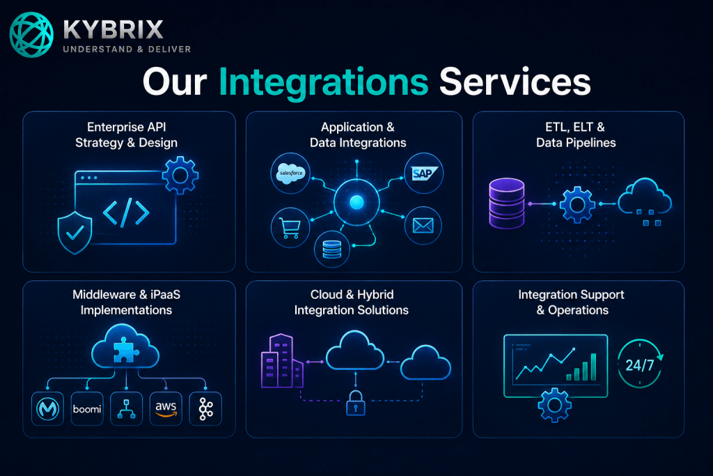 Kybrix integrations services illustration featuring enterprise API strategy, cloud and hybrid integrations, ETL data pipelines, middleware platforms, and application connectivity across CRM, ERP, and SaaS systems.