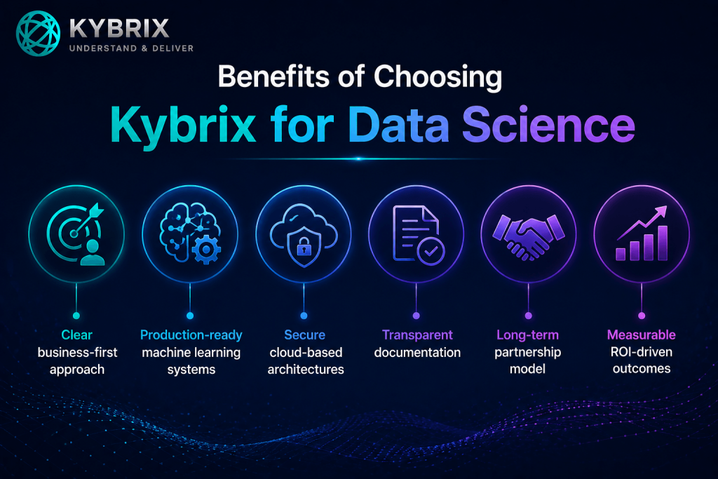 Kybrix Data Science services illustration featuring AI, machine learning, predictive analytics, secure cloud architecture, and business intelligence with futuristic data visualization elements.
