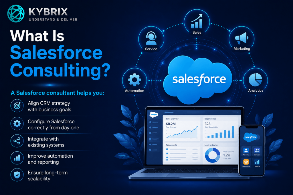 Kybrix Salesforce consulting illustration featuring CRM optimization, automation, analytics, marketing integration, and scalable Salesforce cloud solutions for enterprise business growth.