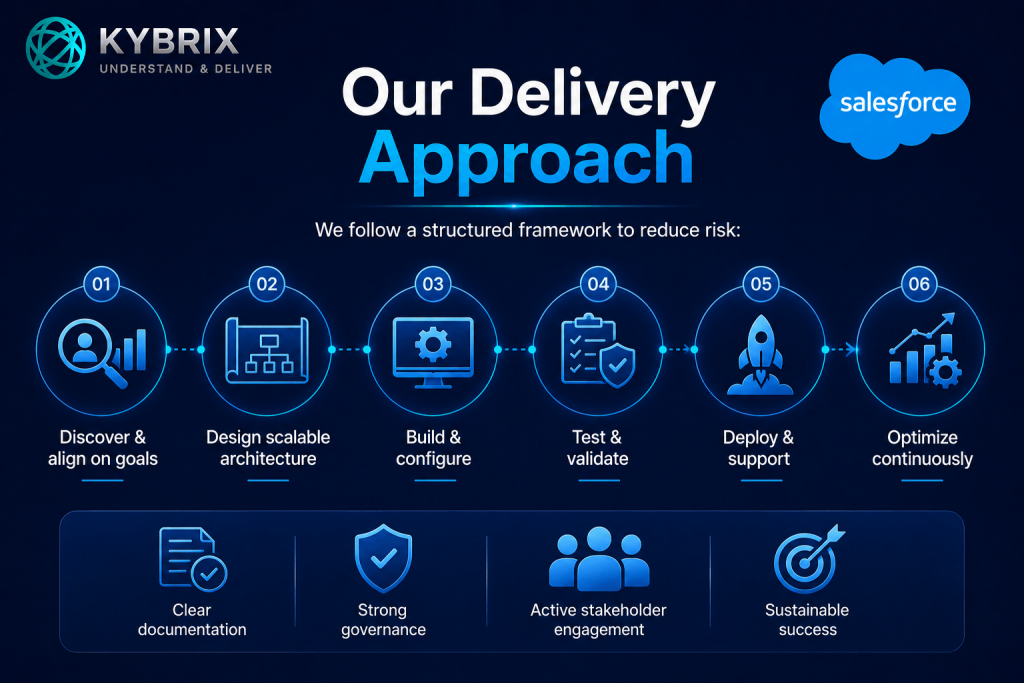 Kybrix Salesforce consulting delivery approach infographic showing a structured CRM implementation process including discovery, architecture design, configuration, testing, deployment, optimization, governance, and stakeholder engagement.