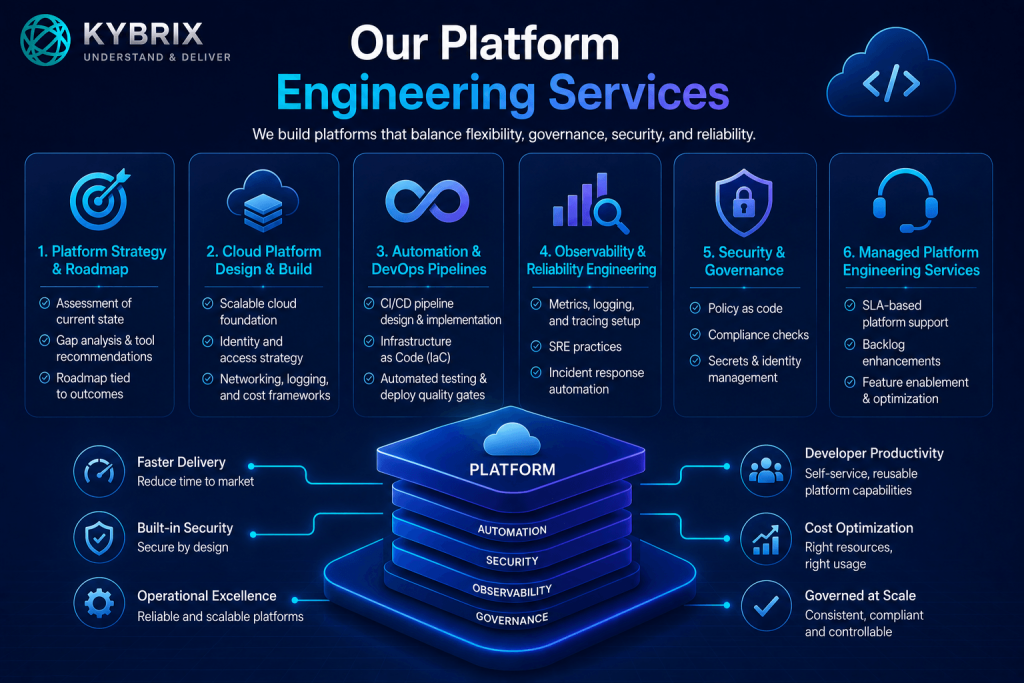 Kybrix Platform Engineering Services illustration featuring cloud platform design, DevOps automation, observability, security governance, CI/CD pipelines, and scalable enterprise infrastructure.