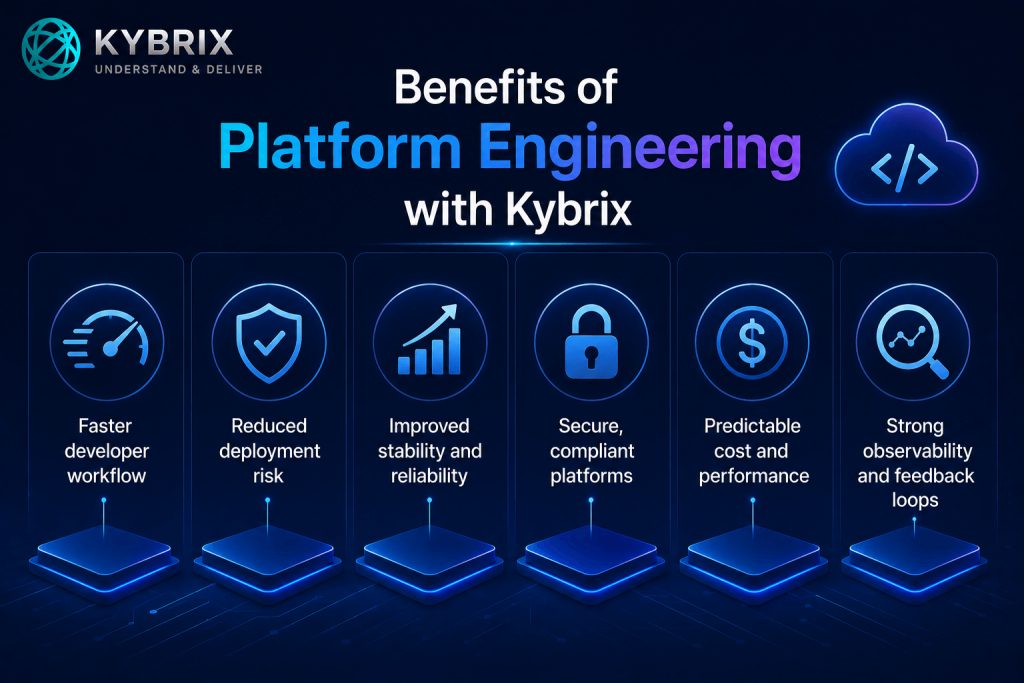 Kybrix Platform Engineering benefits illustration featuring faster developer workflows, deployment automation, secure cloud platforms, observability, reliability, and cost optimization in a modern enterprise technology design.