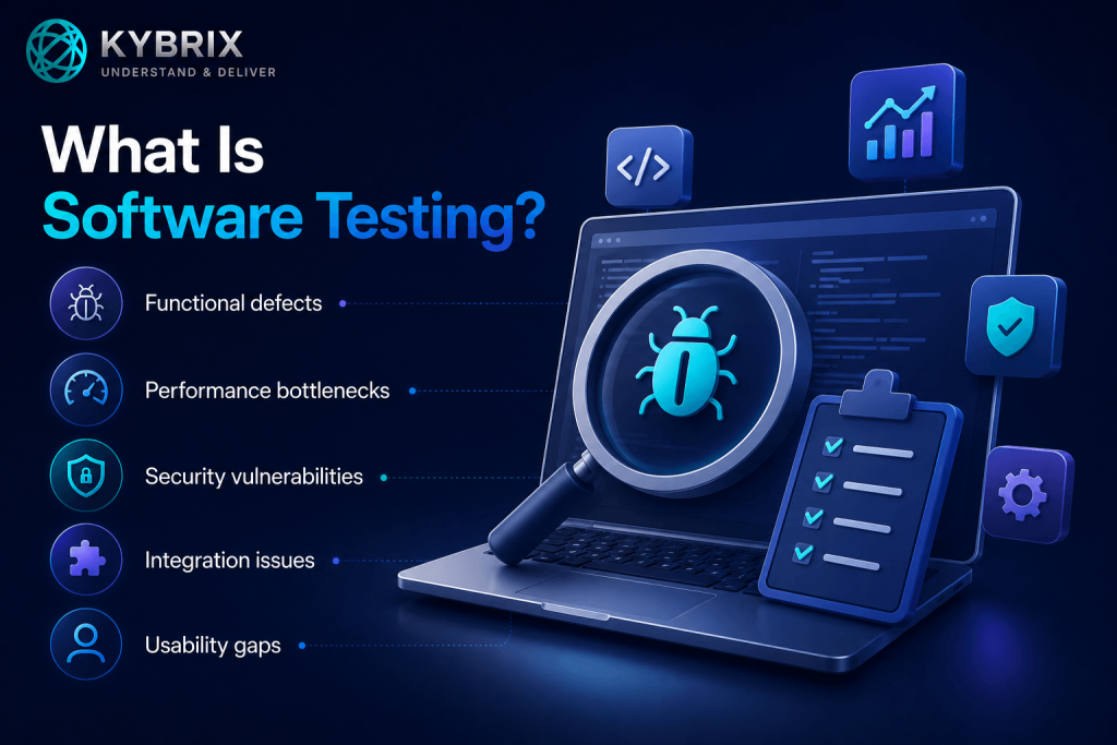 Kybrix software testing services illustration featuring functional testing, performance analysis, security validation, integration testing, and usability checks with modern QA technology visuals.