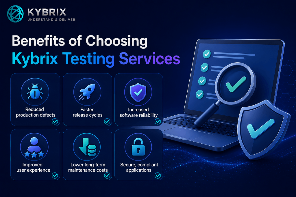Kybrix software testing services illustration featuring QA automation, security testing, performance validation, bug detection, and reliable enterprise application testing workflows.