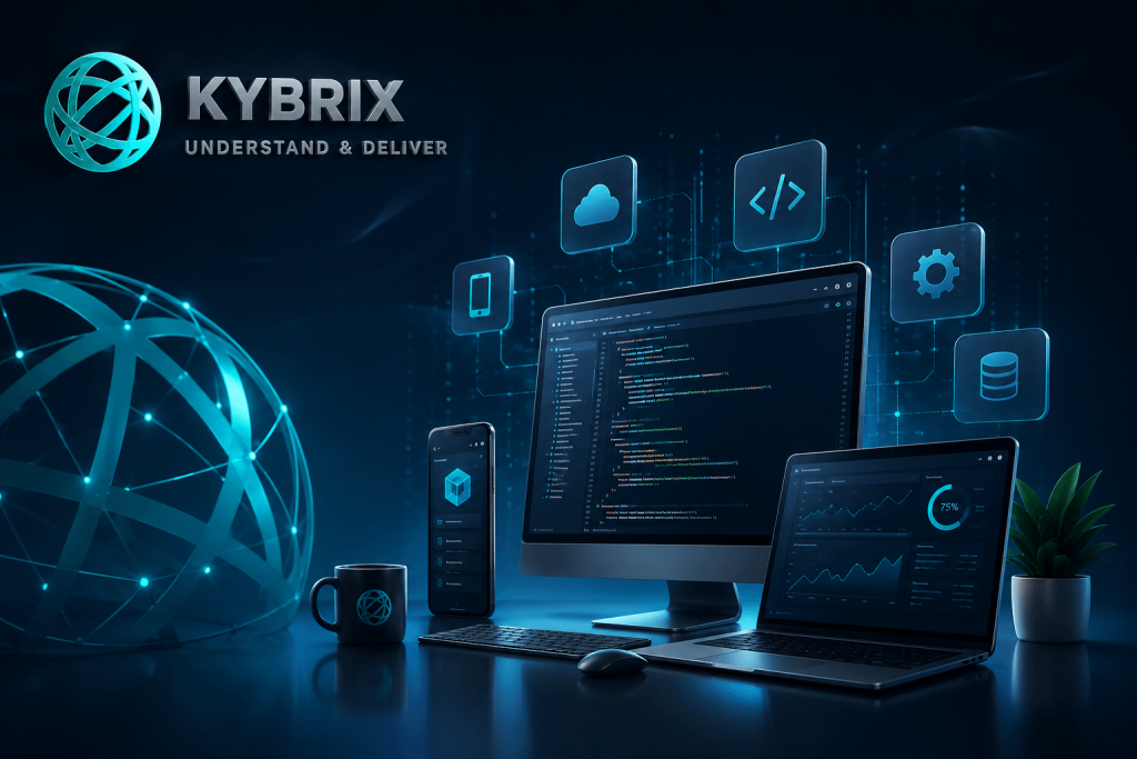 Custom software development illustration by Kybrix featuring cloud-native applications, mobile development, APIs, integrations, SaaS platforms, and modern enterprise technology solutions.