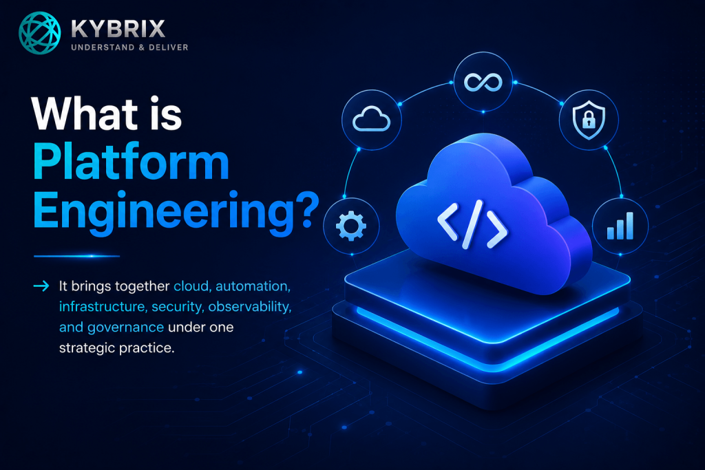 Kybrix Platform Engineering illustration featuring cloud infrastructure, DevOps automation, security, observability, and scalable self-service engineering platforms.