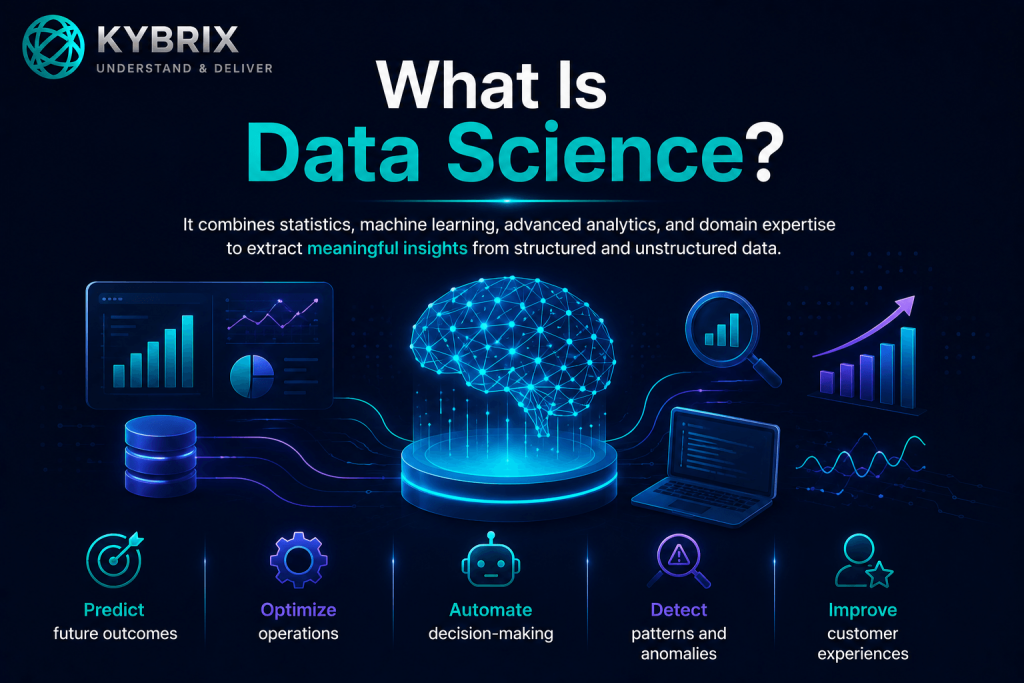 Futuristic data science illustration by Kybrix featuring AI-powered analytics, machine learning, predictive insights, automation, anomaly detection, and customer intelligence visualizations.